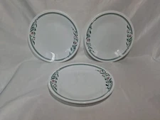 Vtg Corelle Bread Dessert Plates, Rosemarie, Green Trim, Set of 3, 6.75"