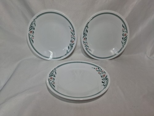 Vtg Corelle Bread Dessert Plates, Rosemarie, Green Trim, Set of 3, 6.75" - Picture 1 of 6