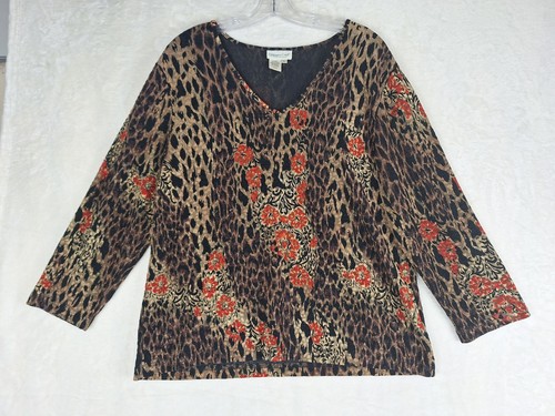 Coldwater Creek Damen XL Top schwarz rot Animal Blumen 3/4 Arm Acetat V-Ausschnitt  - Bild 1 von 9
