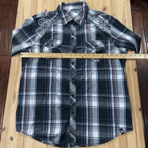 Machine Shirt XL Black Plaid Button Embroidery Crest Logo Script Hip Hop Y2K - Picture 6 of 7