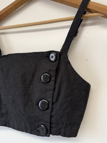 Urban Outfitters Black Crop Top Bandeau Smocked Back Button Linen Blend Sz Small - Picture 2 of 8