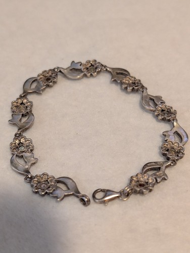 Vintage 935 Sterling Silver 7.5" Marcasite & Multi Stone Flower Link Bracelet - Picture 2 of 3