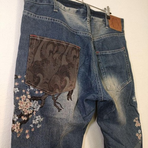 Rare Harakiri Jeans Denim Embroidered Cherry Blossom Rabbit Moon Japanese Patter - Picture 9 of 15