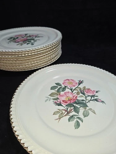 Harker Pottery Co 22KT Gold Rimmed Floral Pink Wild Rose 10" Dinner Plate.