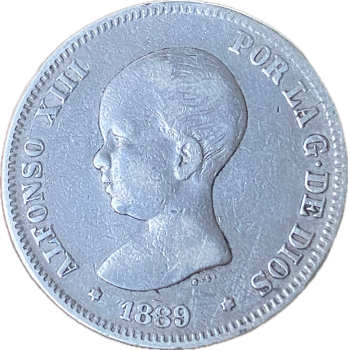 España: Alfonso XIII 2 Pesetas 1889 *18*89 - Imagen 2 de 4