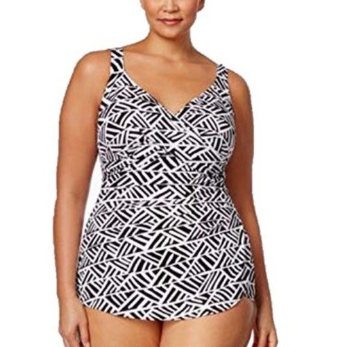 Swim Solutions Plus Size Geo-Print Swimdress One Piece Suit Black White 18W NWT - Picture 2 of 6