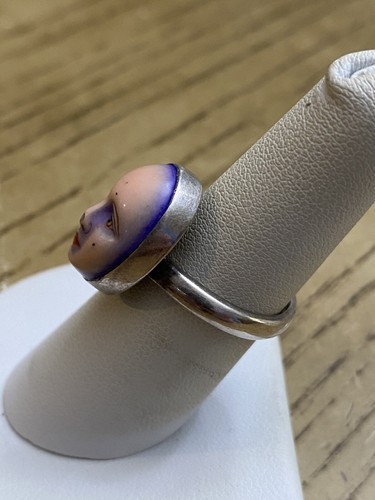 RARE! Sergio Bustamante Mexico Sterling Silver Carved Face Band Ring Size 6.25 - Picture 2 of 3