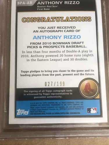 Anthony Rizzo 2010 Bowman Draft Prospects Blue 27/199 BGS 9.5 Auto 10 Yankees - Bild 12 von 12