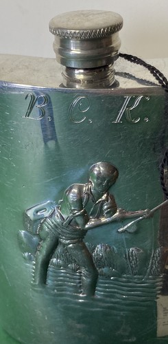 Pinder Brothers Vintage 6 oz Pewter Hip flask, Fly Fishing Scene Engraved B.C.K - Picture 2 of 13
