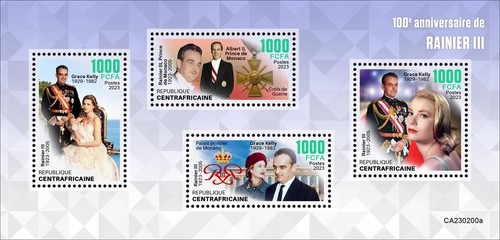 Grace Kelly Rainier III 100 Anniversary MNH Stamps 2023 Central African M/S+S/S - Picture 2 of 3