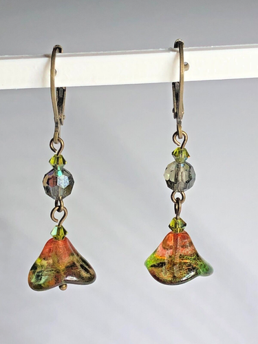 Handcrafted Watermelon Glass Bell Flower and Swarovski Crystal Dangle Earrings