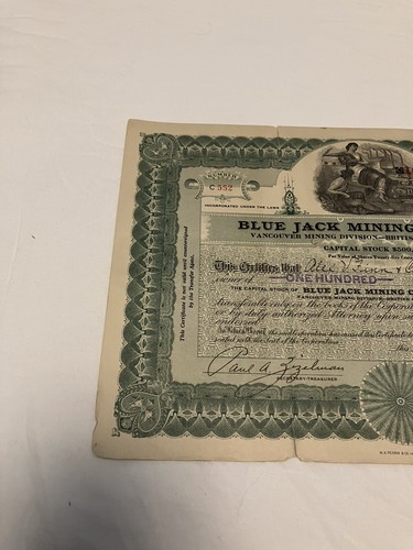 Certificato Stock Originale 1934 Blue Jack Mining Company Vancouver W.N. Perrin - Foto 6 di 6