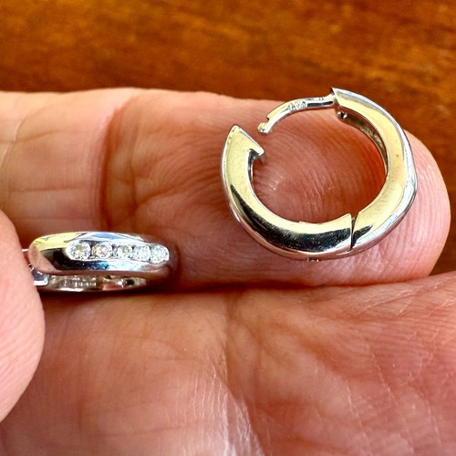 14K White Gold 2.8 mm Wide Diamond .10ct TW Huggie Hoop Earrings 2.9 grams - Picture 7 of 8
