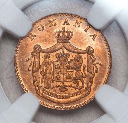 1867, Romania (Kingdom), Carol I. Scarce Copper 1 Banu Coin. NGC MS-64 RB!