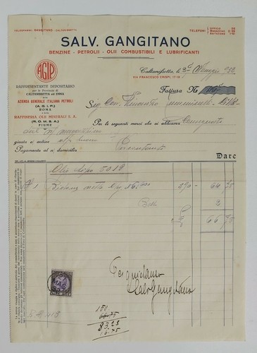 10569 31/crt - fattura gangitano benzine petrolii miniera caltanissetta