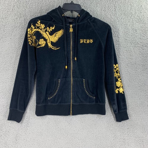 Y2k BCBG Maxazria Womens Jacket Velour Hoodie Sz M Felt Zip Embellished - Picture 10 of 10