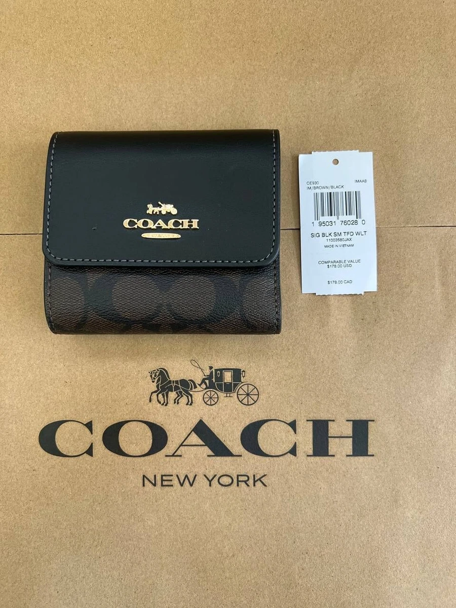 NWT COACH Small Trifold Wallet Blocked Signature Canvas CE930  Brown/black/gold