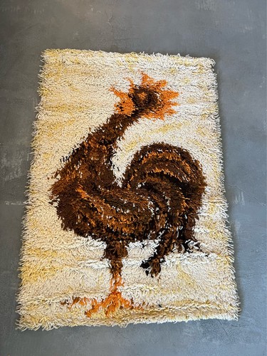 60's AIDA Rooster Cock Wool UNUSED Mid Century Modern Rya Rug Cream Yellow - Picture 5 of 9