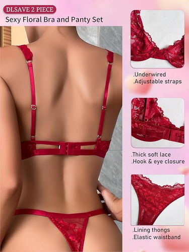 Dlsave Small Red Women Sexy Lace Lingerie Set Floral Underwired Bra Panty set - Picture 3 of 4
