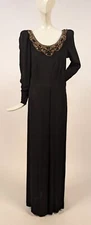 ELEGANT VINTAGE 1940’S LONG BLACK DRESS W GOLD CORD + RHINESTONE FLOWERS