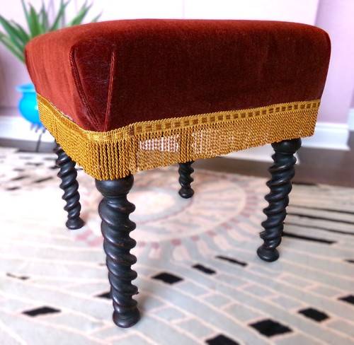 Vintage Chair Lounge Stool. Red velvet, gold fringe, turned wood legs 42x42x46cm
