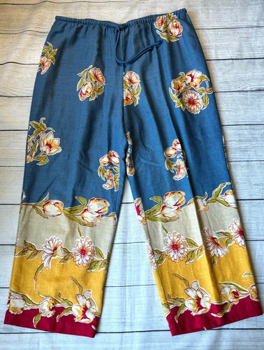 Hearts Of Palm Women's 16 Wide Leg Pants Linen Blend Hawaiian Tropical Chambray