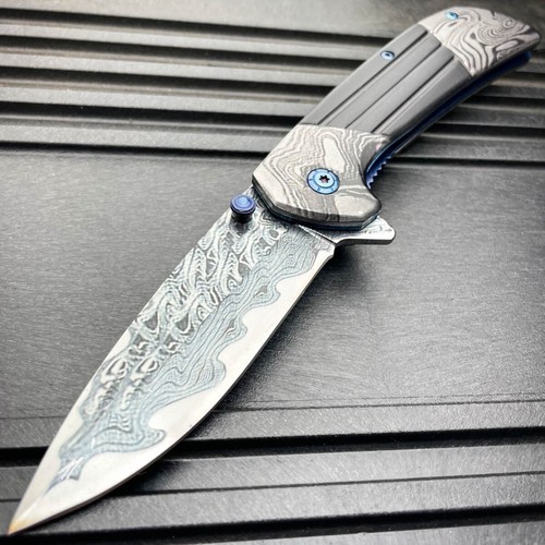 8" Heavy Titanium Damascus Etched Stainless Steel Spring Assisted Pocket Knife - Picture 2 of 7