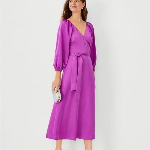 NWT Ann Taylor Satin Wrap Dress Puff Sleeve Magenta Wedding Cocktail Party Sz 10