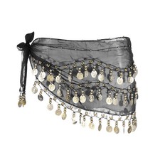 Belly Dance Hip Scarf 57x11" with 72 Gold Coin, Black