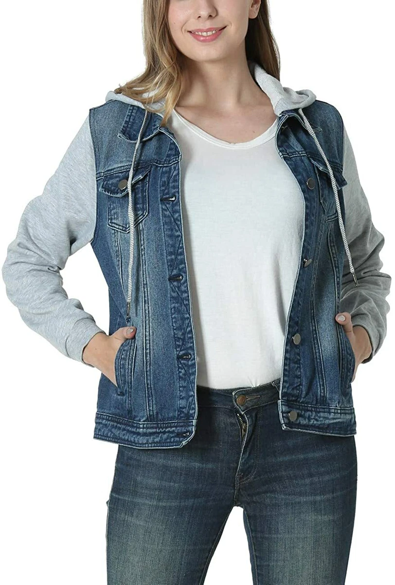 MISS MOLY Women s Hooded Jean Jacket Washed Long Sleeve Denim