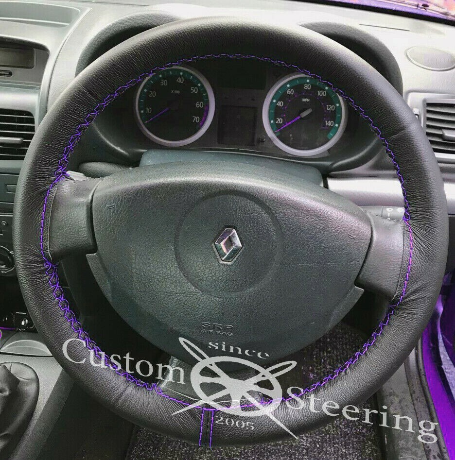 FOR RENAULT CLIO 98 10 TRUE LEATHER STEERING WHEEL COVER PURPLE DOUBLE STITCHING