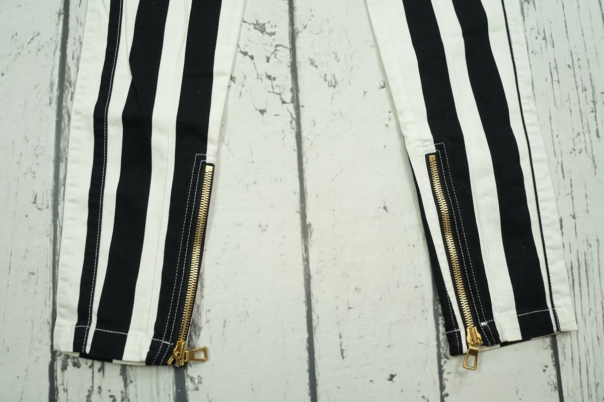 NEW Balmain x H&M Striped Biker Skinny Zipper Pants White