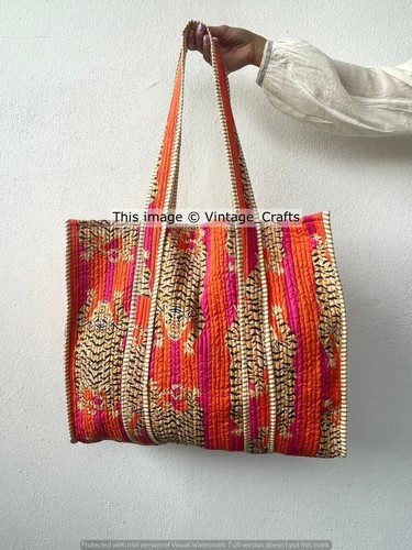 Bolso de Mano Boho Acolchado Algodón Estampado Tigre Reversible Grande Bolso de Compras de Comestibles - Imagen 3 de 3