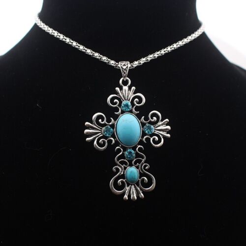 Ciondolo Boho Ricostruito Turchese Magnesite Croce Strass Pietra 21" Catena - Foto 6 di 6