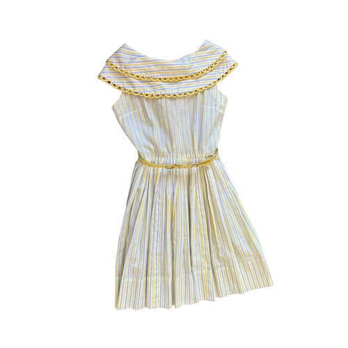 Vestido sin solero vintage años 50 amarillo a rayas con cinturón ajuste y acampanado cuello marinero XXS/XS - Imagen 4 de 6