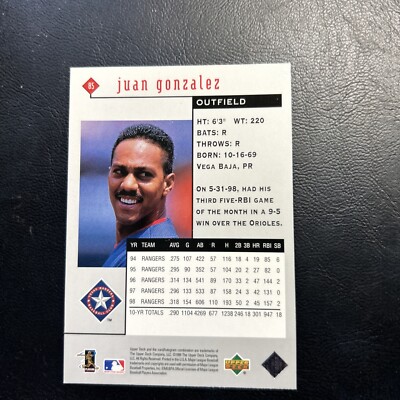 Cnt 1999 Upper Deck Black Diamond  #85 Juan Gonzalez Texas Rangers