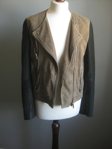 ALLSAINTS LEATHER JACKET 10 ORACLE BIKER distressed khaki black aviator soft - Picture 2 of 22
