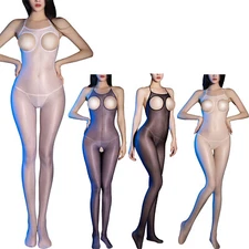 Woman's Glossy Sheer Bodysuit Full Jumpsuit One-piece Bodystocking Teddy Chemise