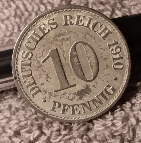 Old 1910 10 Pfennig German Coin ~ heavily Circulated , German Empire - Picture 12 of 15