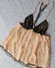 Victoria's Secret Nightie Baby-Doll Peach Black Lace Mesh SEE THRU BACK New LG