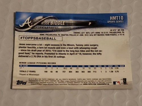 Jesse Biddle RC HMT10 2018 Topps Chrome Update Rookie RC - Picture 2 of 2