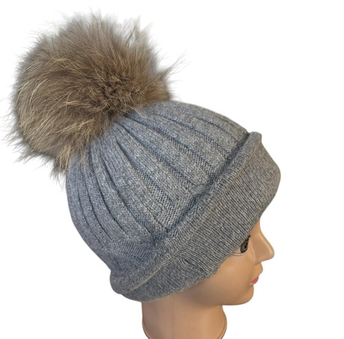 Grobstrickmütze grau Beanie Kaschmir Mix Kunstfell Bommel/Bommel warm dick - Bild 6 von 9