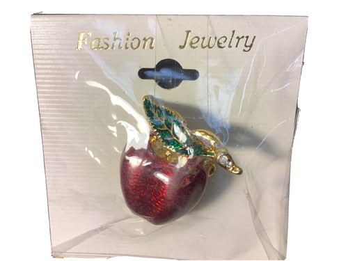 BROSCHEN-NADEL goldfarben mit rotem APFEL 🍎 KLAR Rheinstein AUF BLATT Modeschmuck - Bild 2 von 6