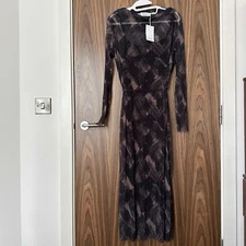 & Other Stories Black Plisse Brushed Brown Sheer Mesh Midi Dress Medium NEW BNWT