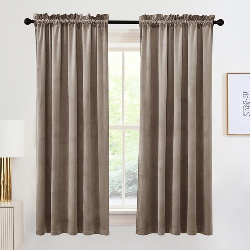 Energy-Efficient 52" x 84" Velvet Window Curtains - Room Darkening, Taupe - Picture 3 of 7
