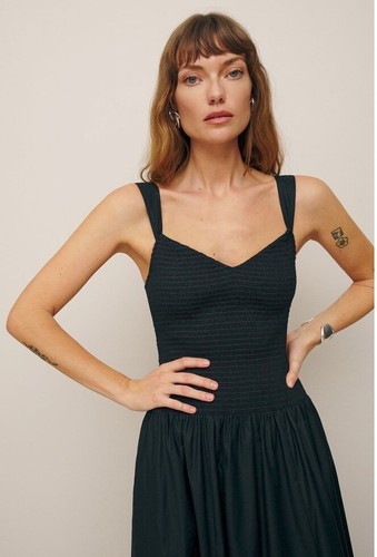 Reformation Sariah Smocked Organic Cotton Midi Dress Black Size 6 - Picture 3 of 9