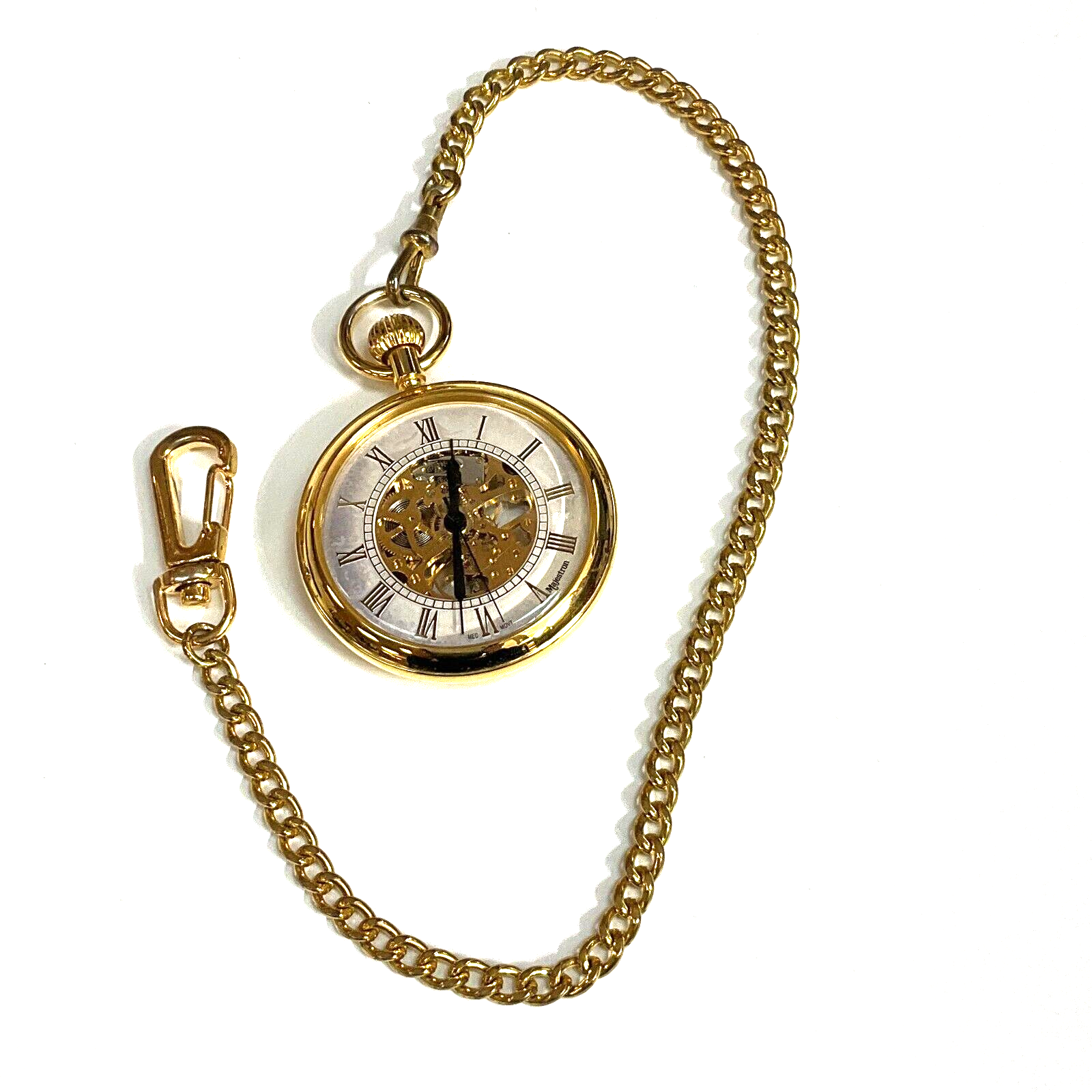 Vintage Majestron 17 Jewel Skeleton Pocket Watch Gold Tone Clip Chain