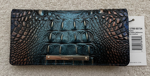 Cartera sin asas Brahmin Melbourne ADY delgada plegable FORTUNE OMBRE azul verde azulado dorado nueva con etiquetas - Imagen 9 de 11