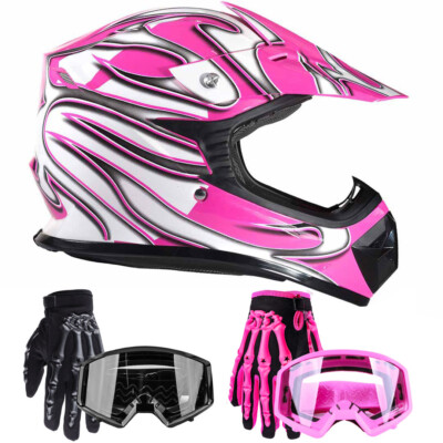 New Youth Motocross Combo Pink Helmet Black Goggles Gloves Kids DOT Riding  Gear
