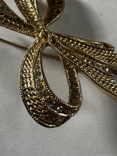Roman Bow Brooch Pin Rhinestone Gold Tone 2.5" - Picture 8 of 9